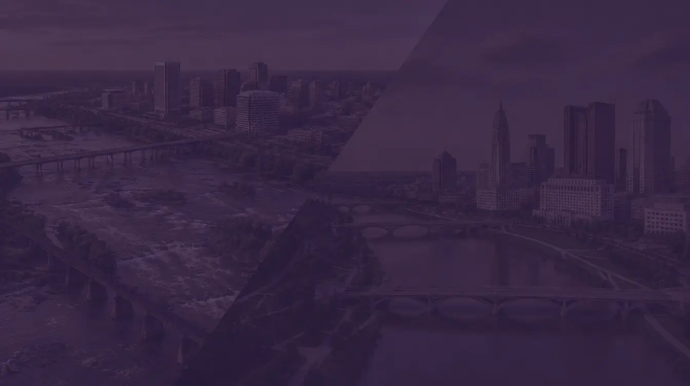 Richmond skyline above the rocky James River rapids joined diagonally to the Columbus skyline and river bridges on the Scioto, under a dark purple tint
