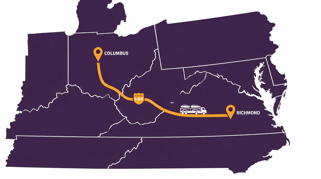 Map of the car shipping route from Richmond west across Virginia and West Virginia to Columbus, Ohio, marked I-64