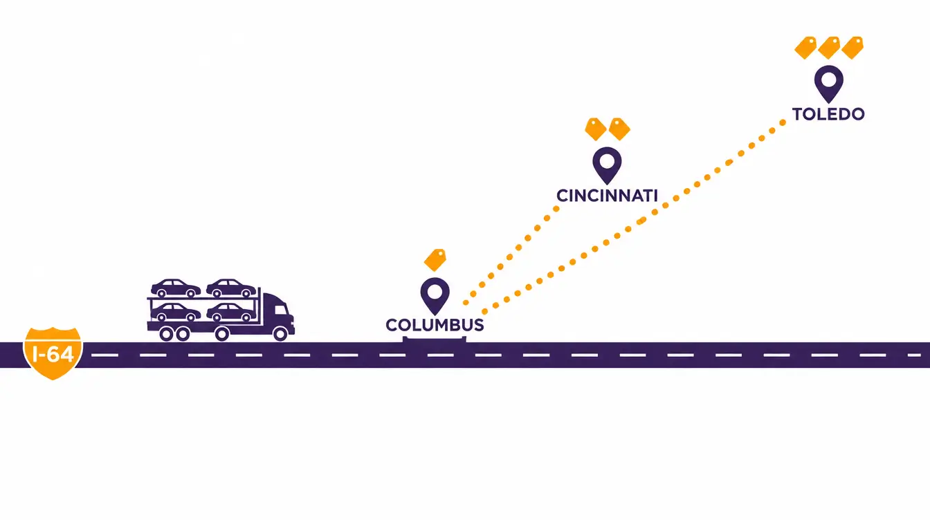 I-64 highway with a loaded car hauler, Columbus on the road with one price tag, and dotted detours to Cincinnati and Toledo with two and three price tags