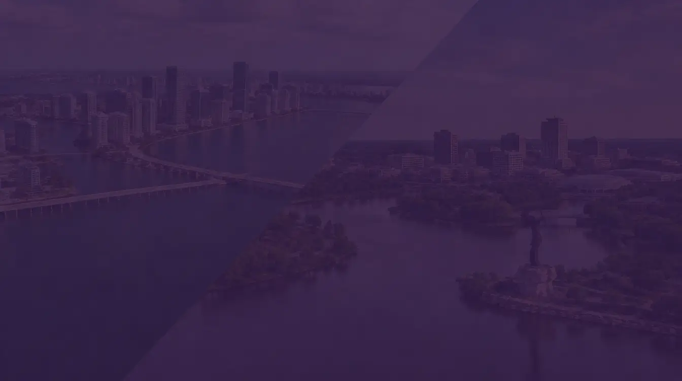 Miami skyline and causeways across Biscayne Bay joined diagonally to the Wichita skyline and the Keeper of the Plains sculpture on the Arkansas River, under a dark purple tint