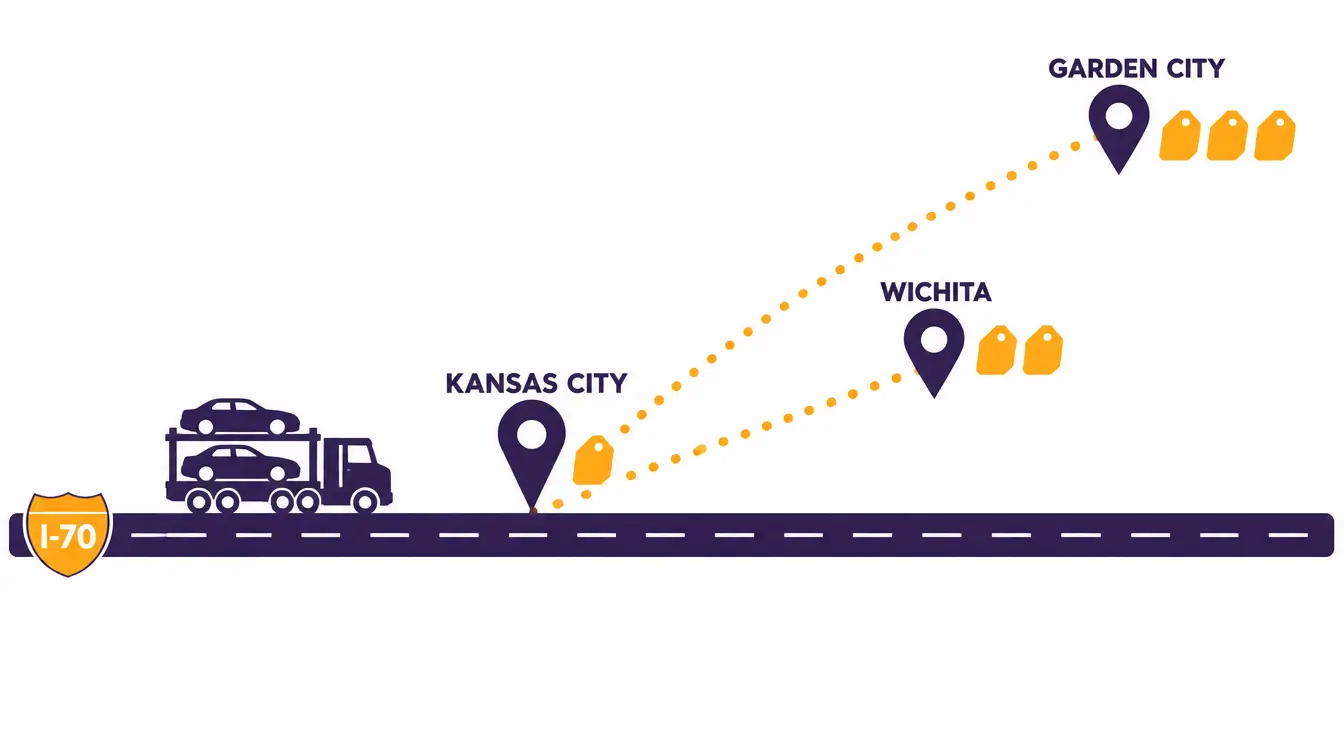 I-70 highway with a loaded car hauler, Kansas City on the road with one price tag, and dotted detours to Wichita and Garden City with two and three price tags