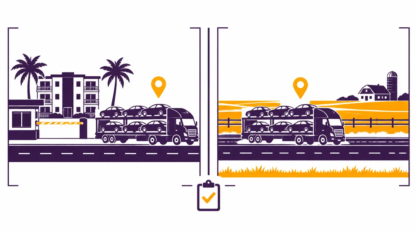 Car hauler outside the gated entrance of a Florida condo community with palm trees, and on a rural Kansas road beside farmland with a farmhouse and silo, with a checklist between the scenes