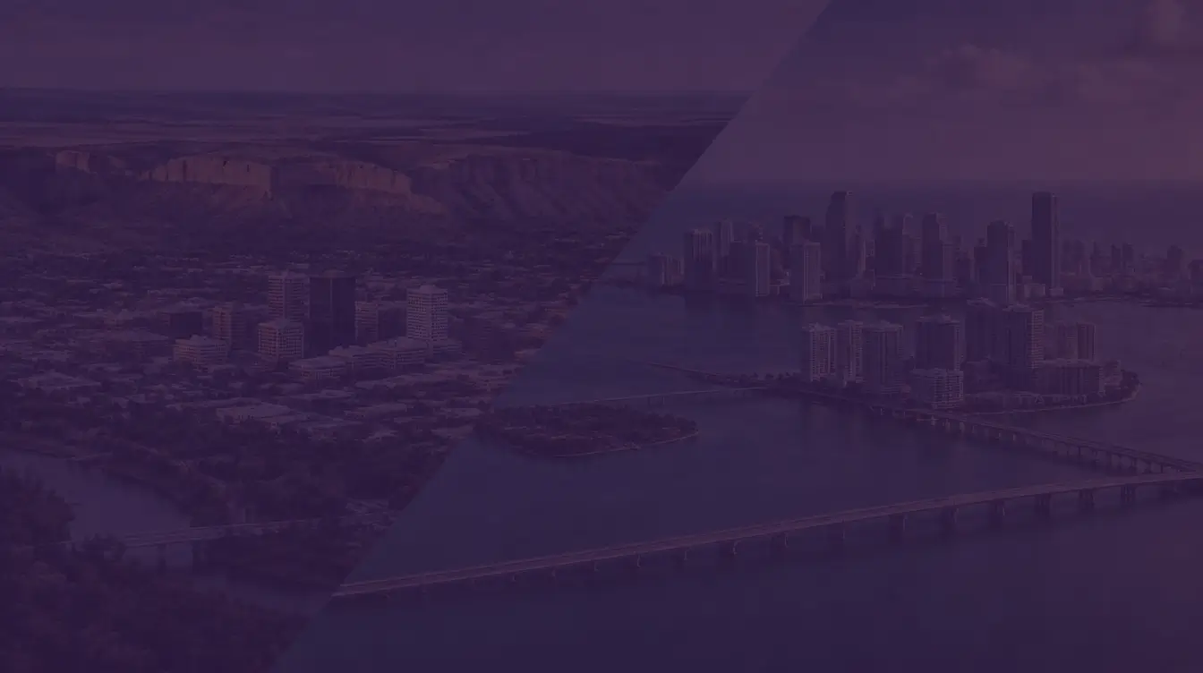 Downtown Billings below the Rimrocks sandstone cliffs, joined diagonally to Miami high-rises and causeways on Biscayne Bay, under a dark purple tint