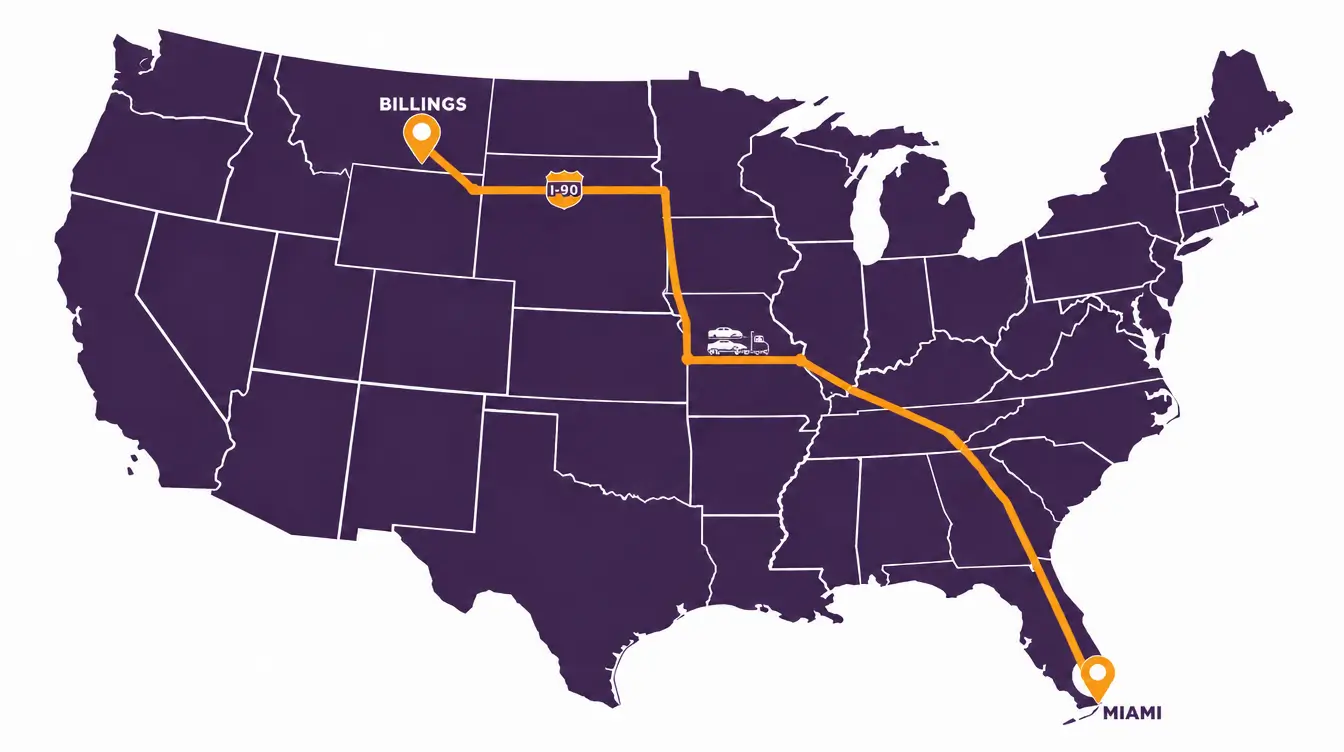 Map of the car shipping route from Billings, Montana east on I-90 across South Dakota, south to Missouri, then through Tennessee and Georgia and down Florida to Miami