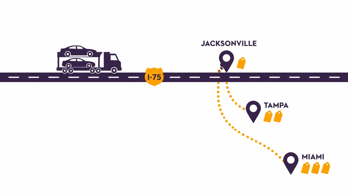 I-75 highway with a loaded car hauler, Jacksonville on the road with one price tag, and dotted detours to Tampa and Miami with two and three price tags