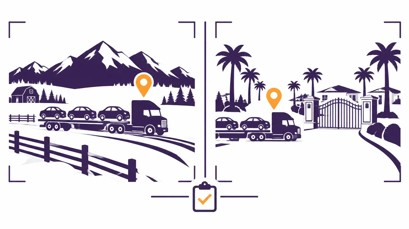 Car hauler on a snowy Montana ranch road below mountains, and outside the gated entrance of a Florida community lined with palm trees, with a checklist between the scenes