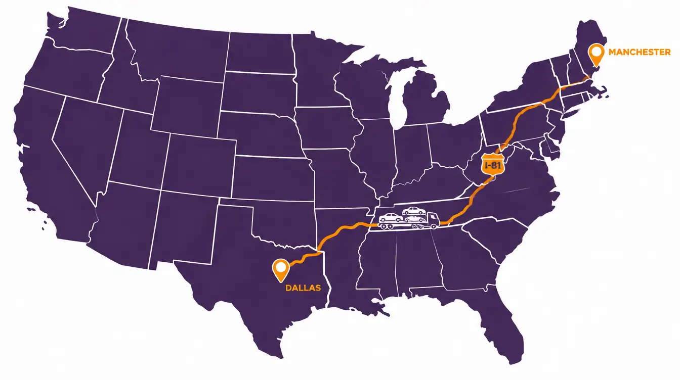 Map of the car shipping route from Manchester, New Hampshire southwest through Pennsylvania and down I-81 in Virginia, then west across Tennessee and Arkansas to Dallas, Texas