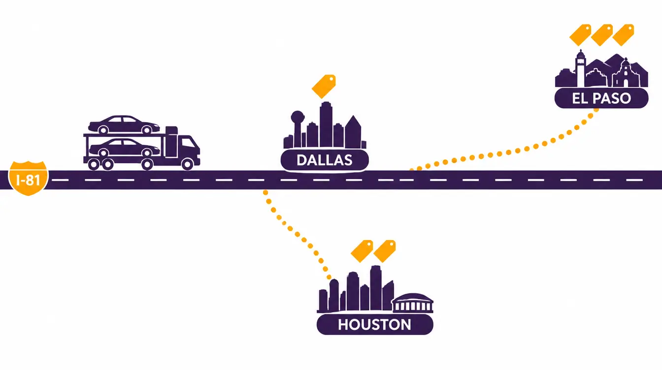I-81 highway with a loaded car hauler, Dallas on the road with one price tag, and dotted detours to Houston and El Paso with two and three price tags