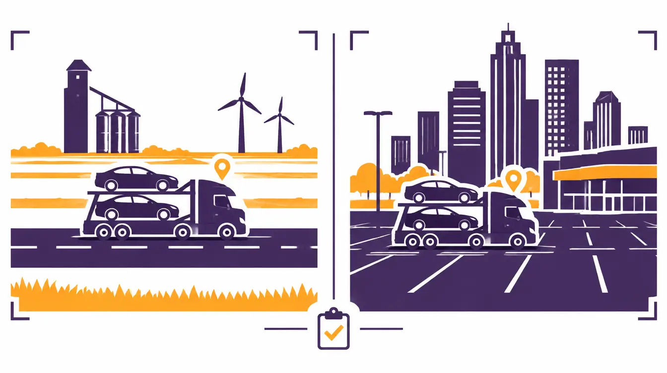 Car hauler on a rural Oklahoma road past a grain elevator and wind turbines, and in a city store parking lot below skyscrapers, with a checklist between the scenes