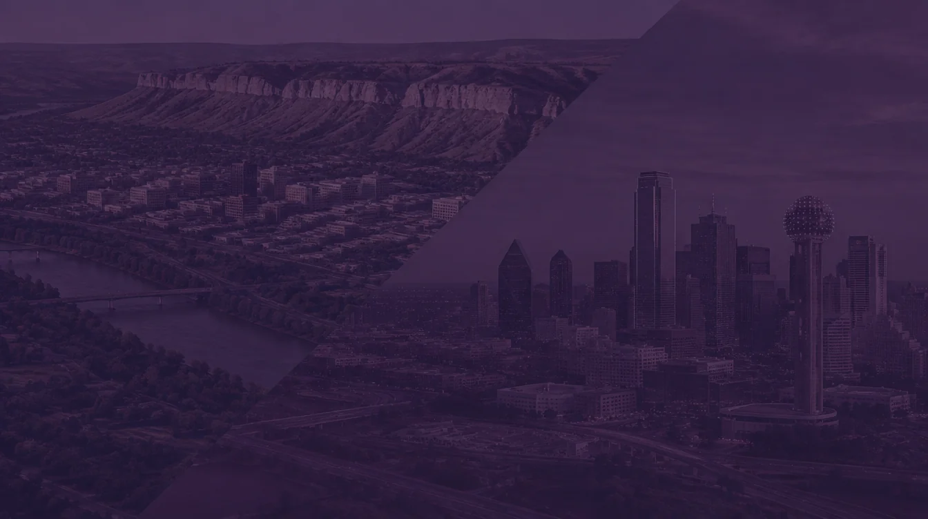 Billings with the Rimrocks cliffs above the Yellowstone River, joined diagonally to the downtown Dallas skyline with Reunion Tower, under a dark purple overlay