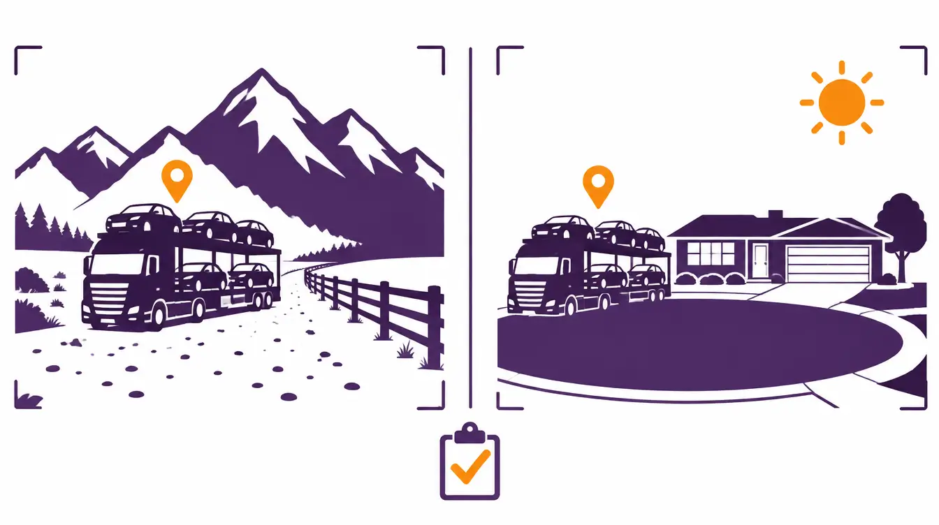 Car hauler on a gravel ranch road below snowy mountains, and parked on a suburban cul-de-sac by a ranch-style house, with a checklist between the scenes