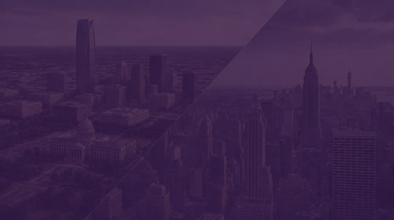 Downtown Oklahoma City with the Devon Energy Center tower and the State Capitol dome, joined diagonally to the Manhattan skyline with the Empire State Building, under a dark purple overlay