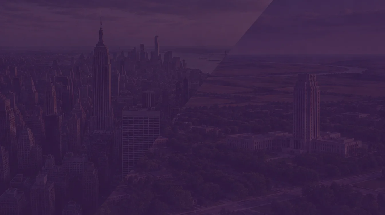Midtown Manhattan with the Empire State Building joined diagonally to Bismarck and the North Dakota State Capitol tower above open prairie, under a dark purple overlay