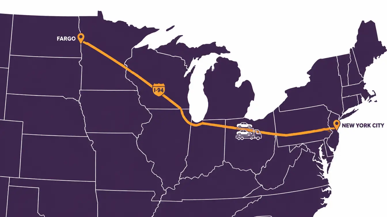 Map of the car shipping route from New York City west across Pennsylvania, Ohio and Indiana, past Chicago and through Wisconsin and Minnesota to Fargo, North Dakota, marked I-94