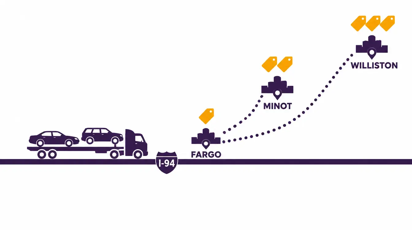 I-94 highway with a loaded car hauler, Fargo on the road with one price tag, and dotted detours to Minot and Williston with two and three price tags