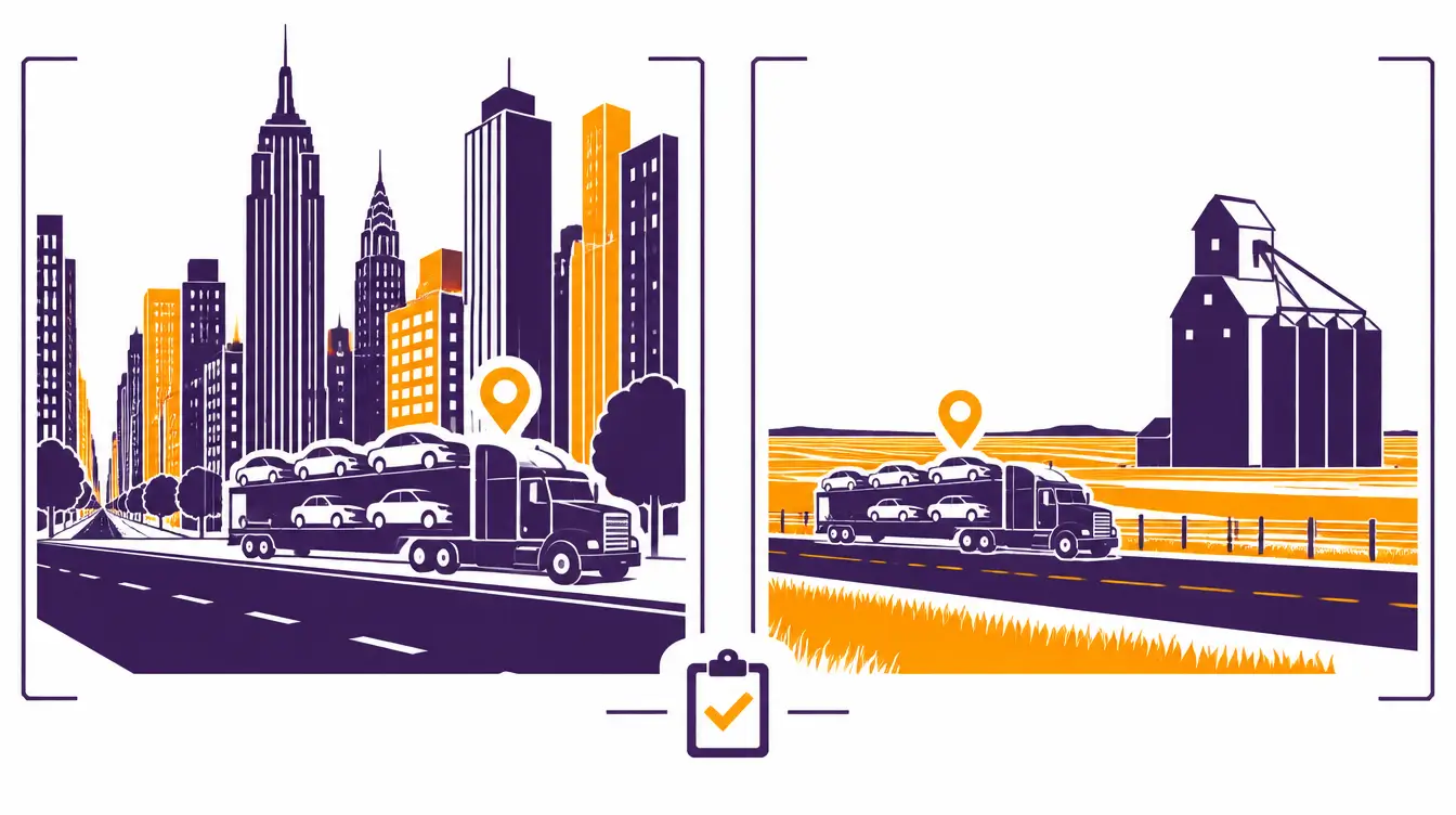 Car hauler on a wide avenue below Manhattan skyscrapers, and on a flat farm road beside a grain elevator and open prairie, with a checklist between the scenes