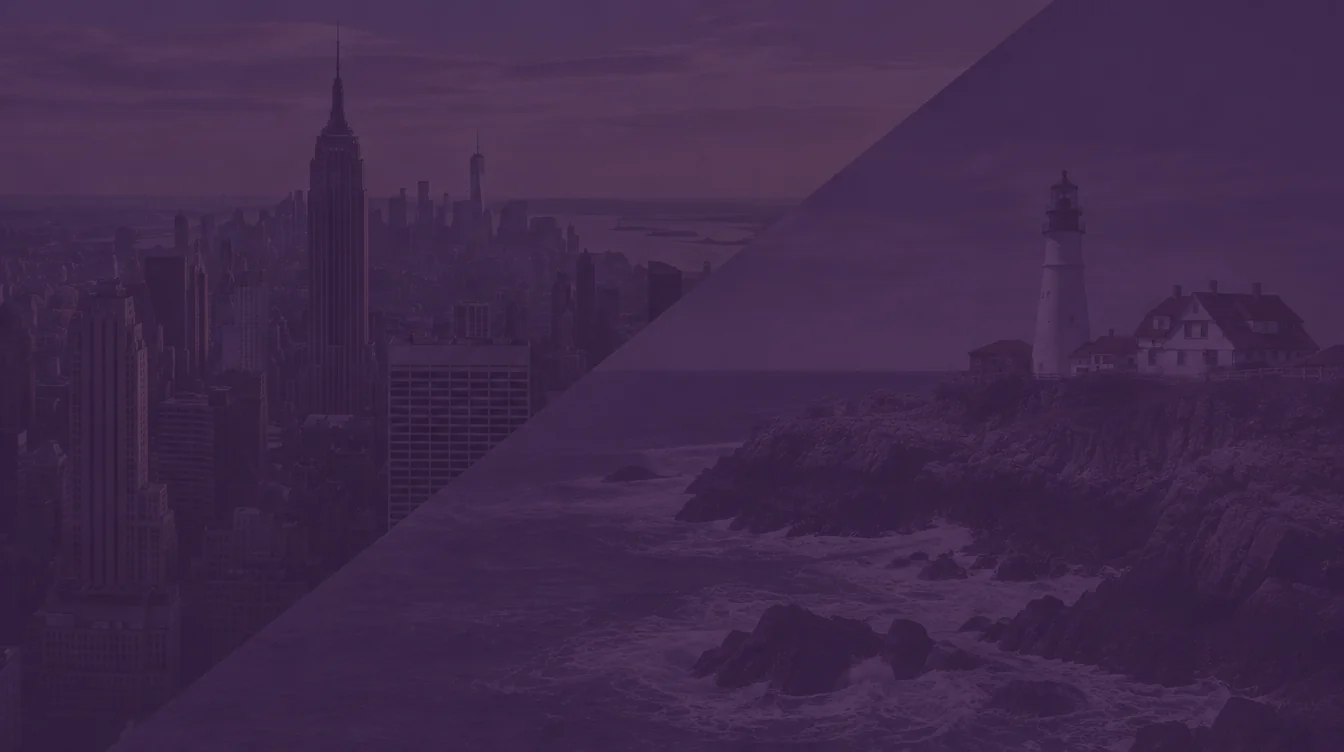 Midtown Manhattan with the Empire State Building joined diagonally to Portland Head Light on the rocky Maine coast, under a dark purple overlay
