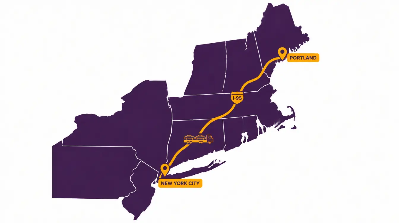 Map of the car shipping route from New York City northeast through Connecticut, Massachusetts and New Hampshire to Portland, Maine, marked I-95