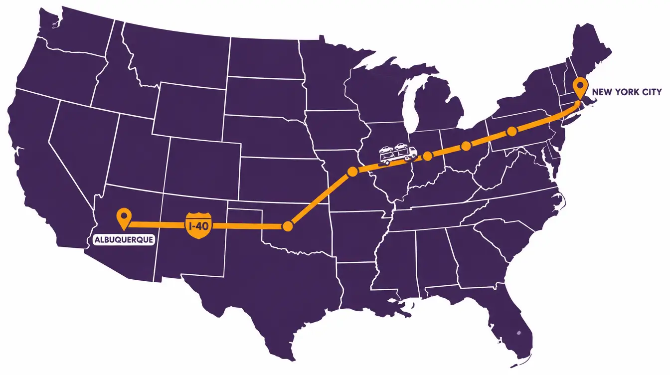 Map of the car shipping route from Albuquerque, New Mexico east across the Texas Panhandle and Oklahoma, through Missouri, Illinois, Indiana, Ohio and Pennsylvania to New York City, marked I-40