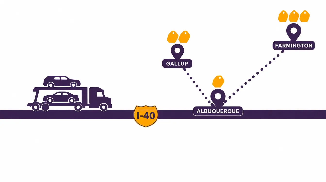 I-40 highway with a loaded car hauler, Albuquerque on the road with one price tag, and dotted detours to Gallup and Farmington with two and three price tags