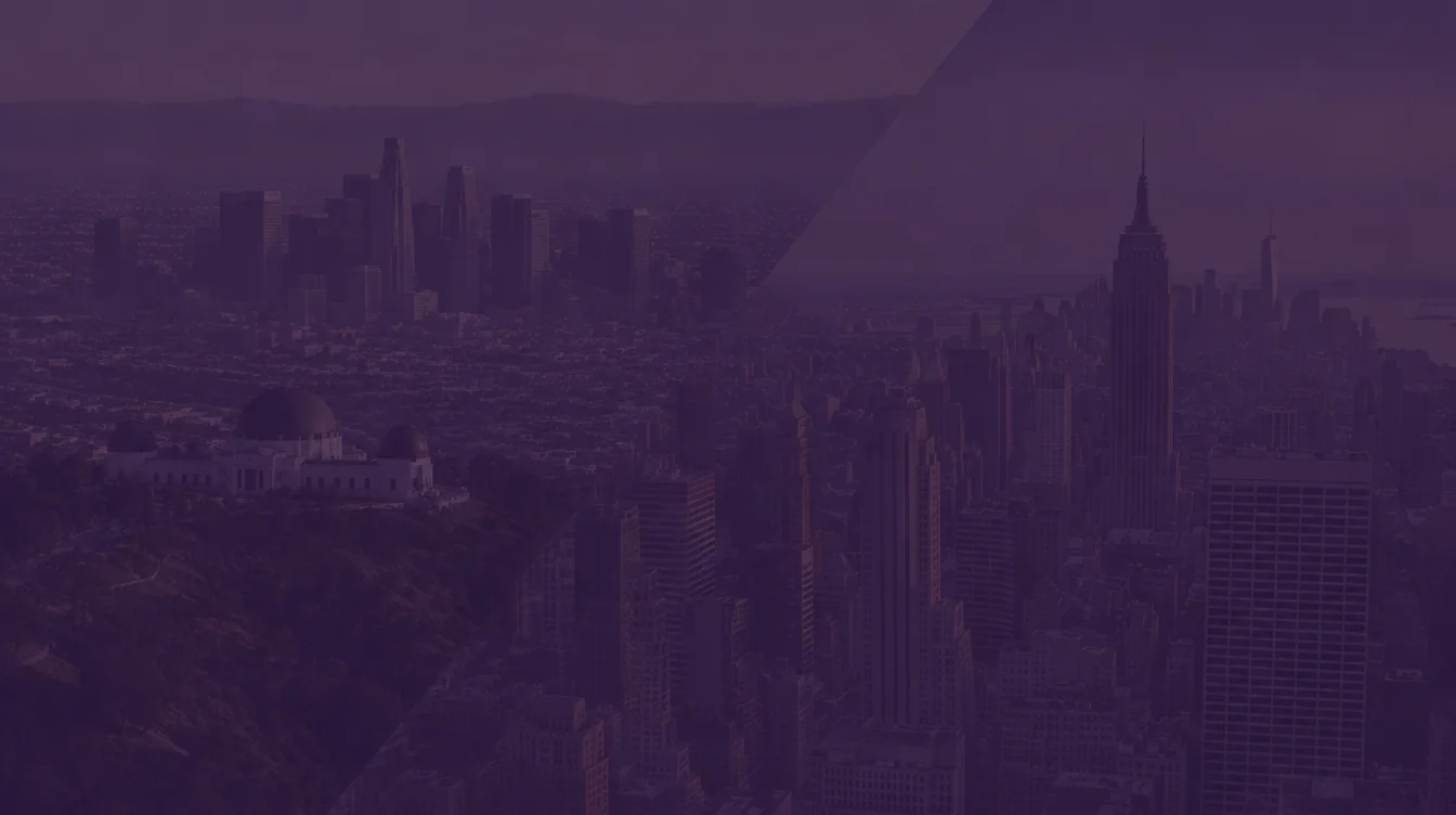 Downtown Los Angeles skyline with Griffith Observatory on the hills joined diagonally to the Manhattan skyline with the Empire State Building, under a dark purple overlay
