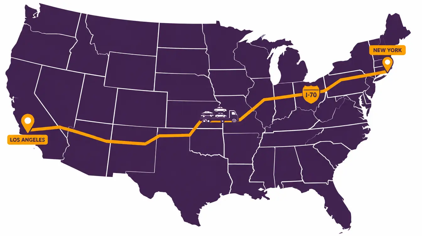 Map of the car shipping route from Los Angeles east through Arizona, New Mexico, the Texas Panhandle, Oklahoma, Missouri, Illinois, Indiana, Ohio and Pennsylvania to New York City, marked I-70
