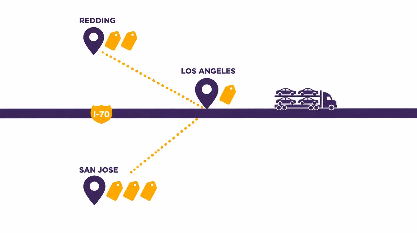 I-70 highway with a loaded car hauler, Los Angeles on the road with one price tag, and dotted detours to Redding and San Jose with two and three price tags
