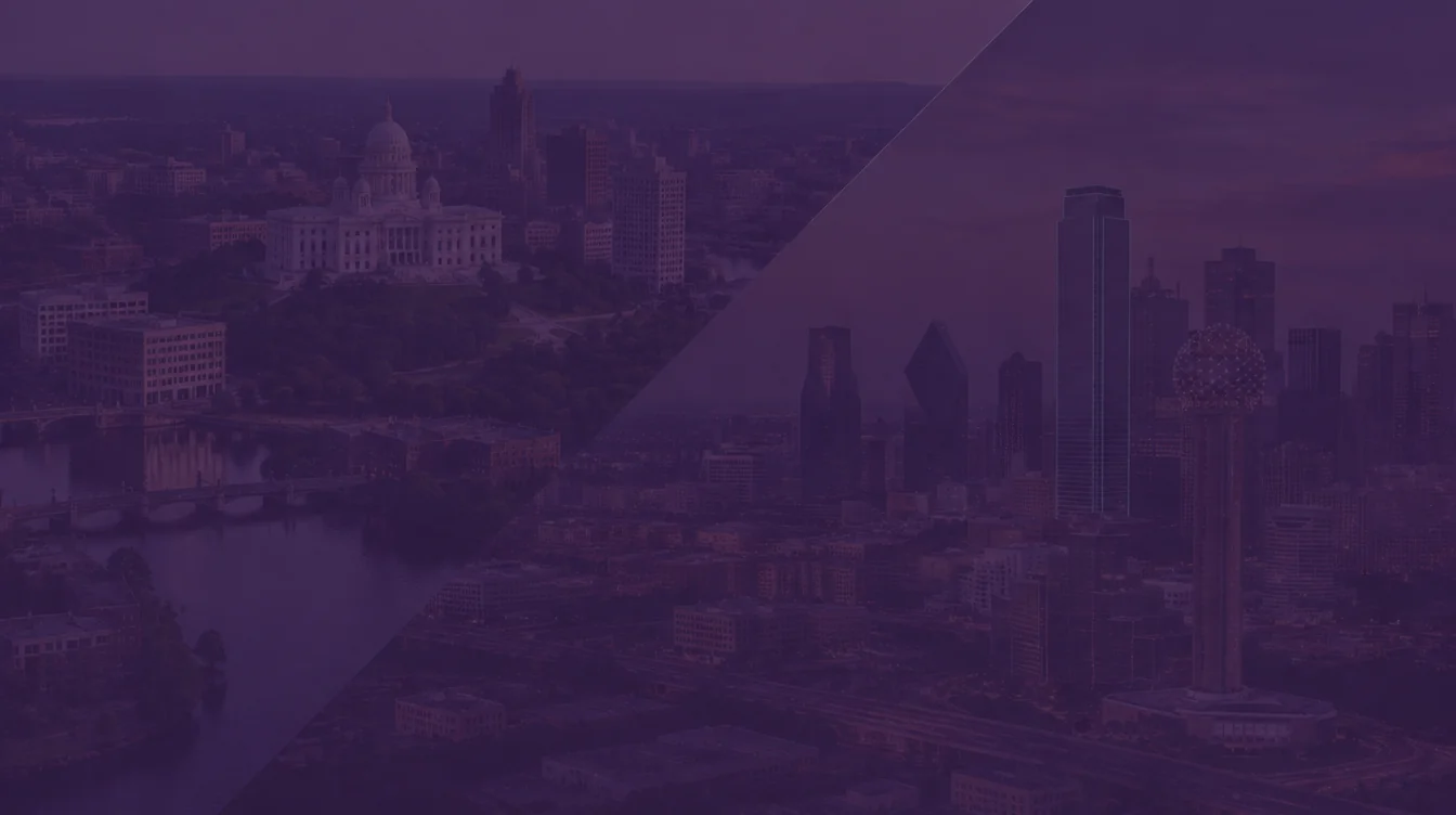 Downtown Providence with the Rhode Island State House dome joined diagonally to the Dallas skyline with Reunion Tower, under a dark purple overlay
