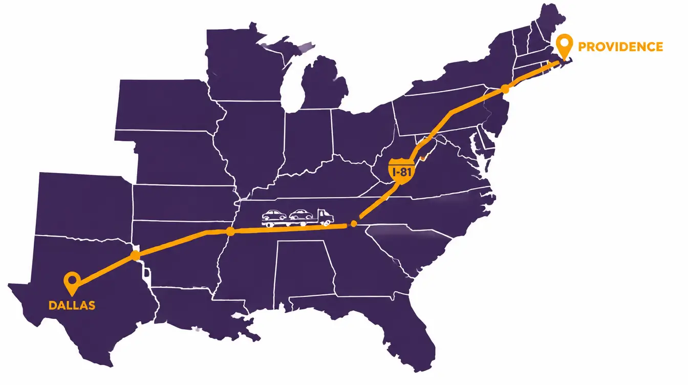 Map of the car shipping route from Providence, Rhode Island southwest through Connecticut, New York City and New Jersey, down I-81 through Pennsylvania and Virginia to Knoxville, then west across Tennessee and Arkansas to Dallas, Texas