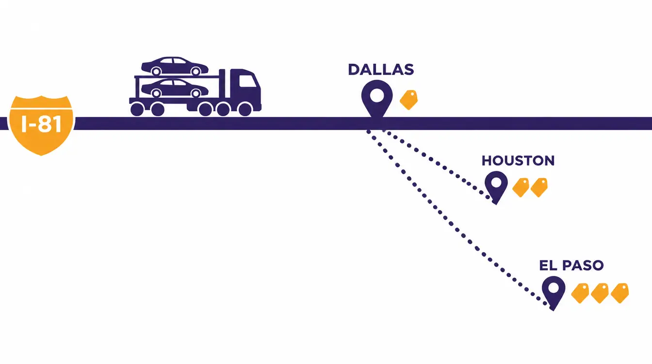 I-81 highway with a loaded car hauler, Dallas on the road with one price tag, and dotted detours to Houston and El Paso with two and three price tags