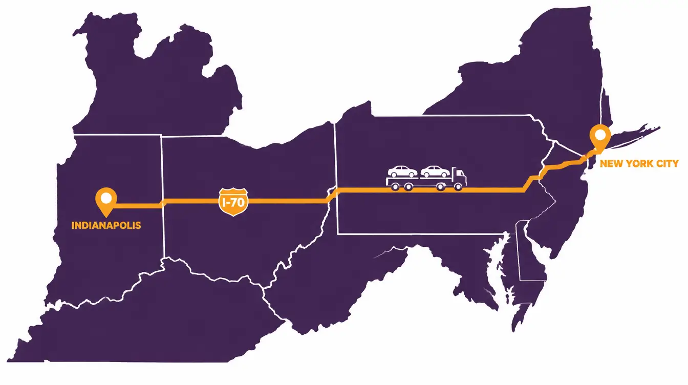 Map of the car shipping route from New York City to Indianapolis on I-70 through New Jersey, Pennsylvania and Ohio, with a car hauler truck on the line