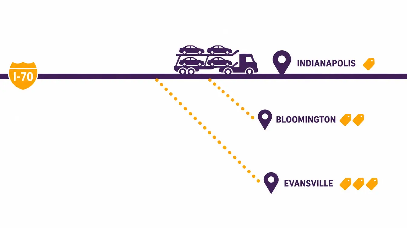 Diagram of the I-70 route with Indianapolis on the highway marked by one price tag, and dotted detours to Bloomington with two tags and Evansville with three