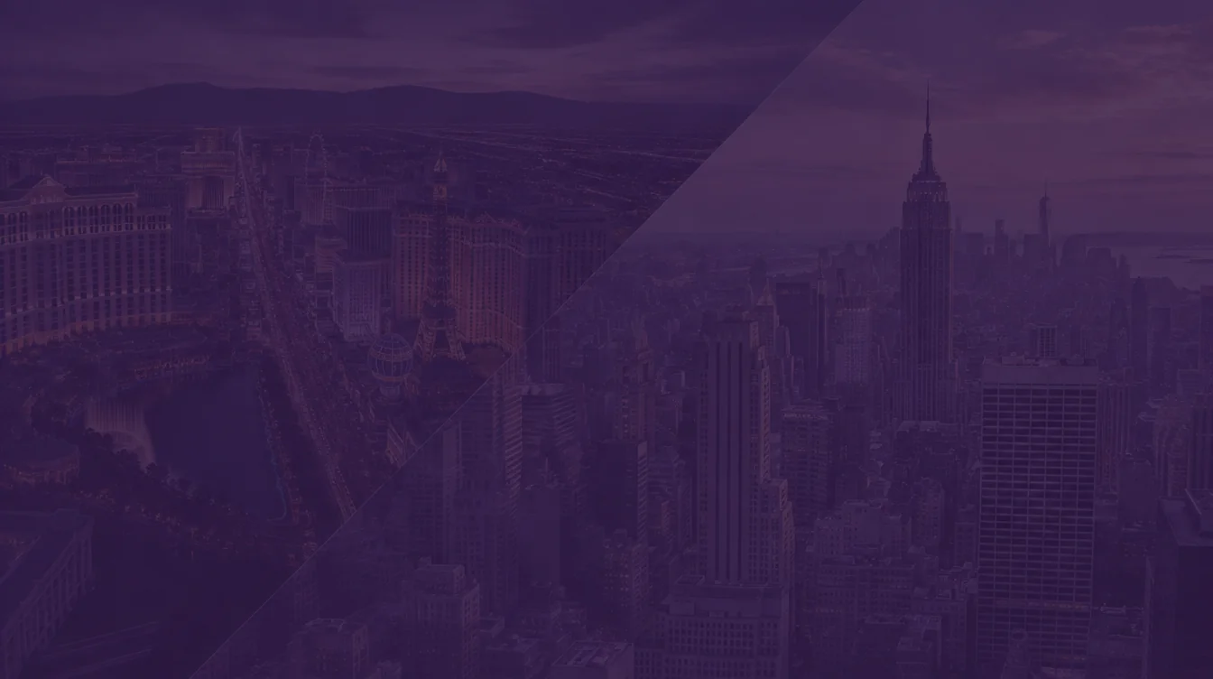 Aerial views of the Las Vegas Strip at dusk and the Manhattan skyline with the Empire State Building, joined by a diagonal seam under a dark purple tint