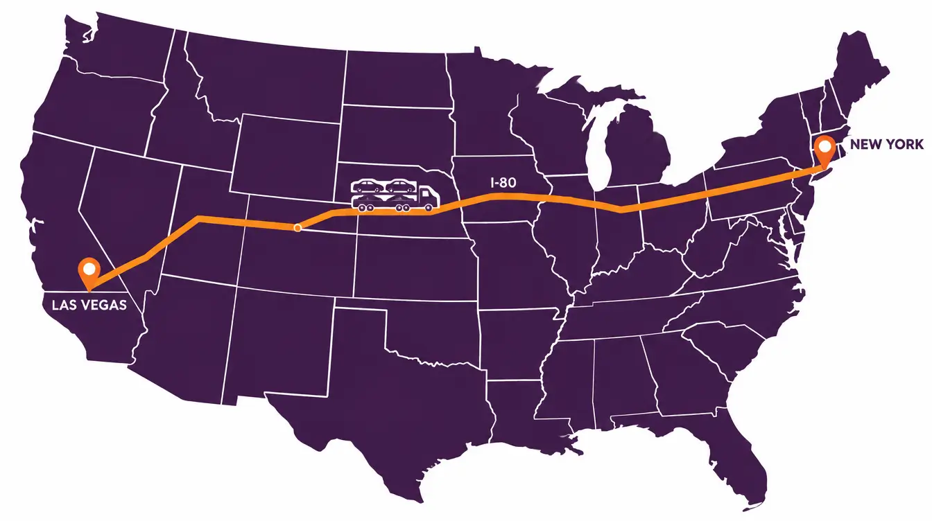 Map of the United States showing a car shipping route from Las Vegas through Utah, Colorado, Nebraska and Iowa along I-80 to New York City