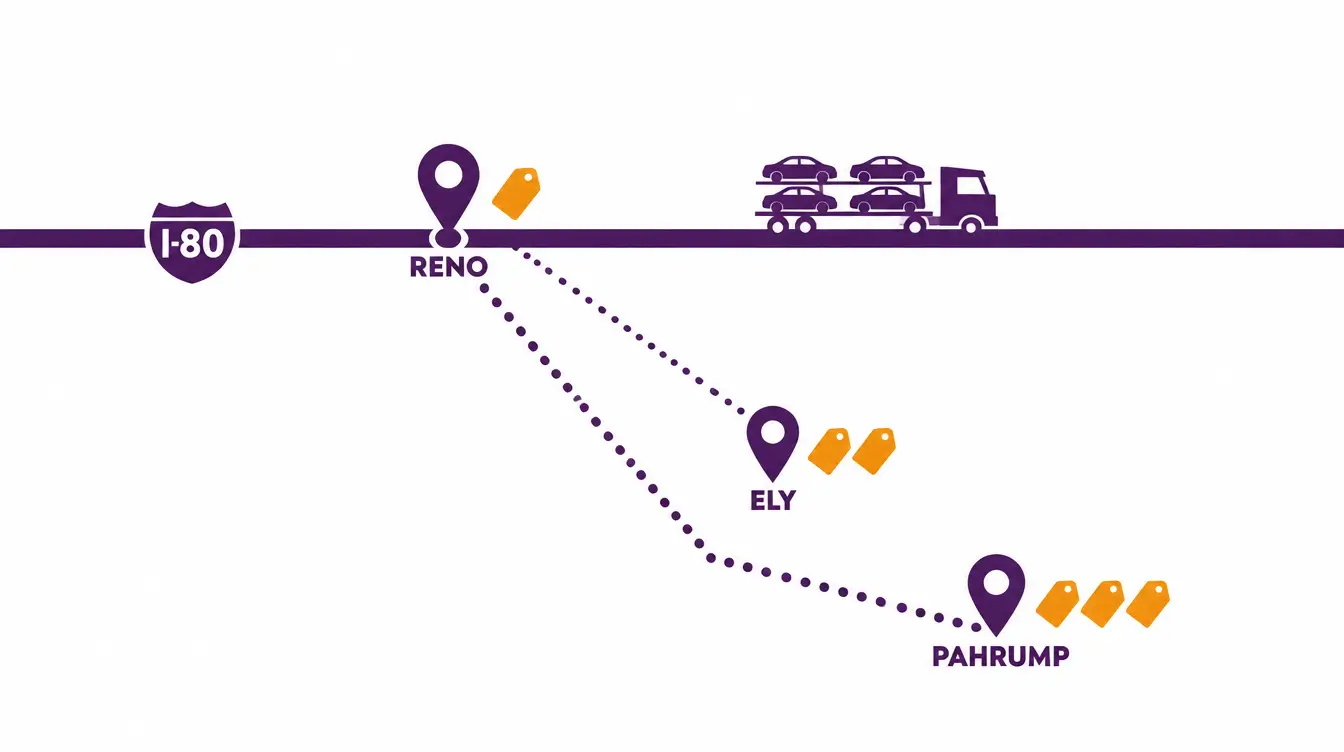 Diagram of the I-80 corridor where a Reno pickup on the interstate carries one price tag and detours to Ely and Pahrump carry two and three