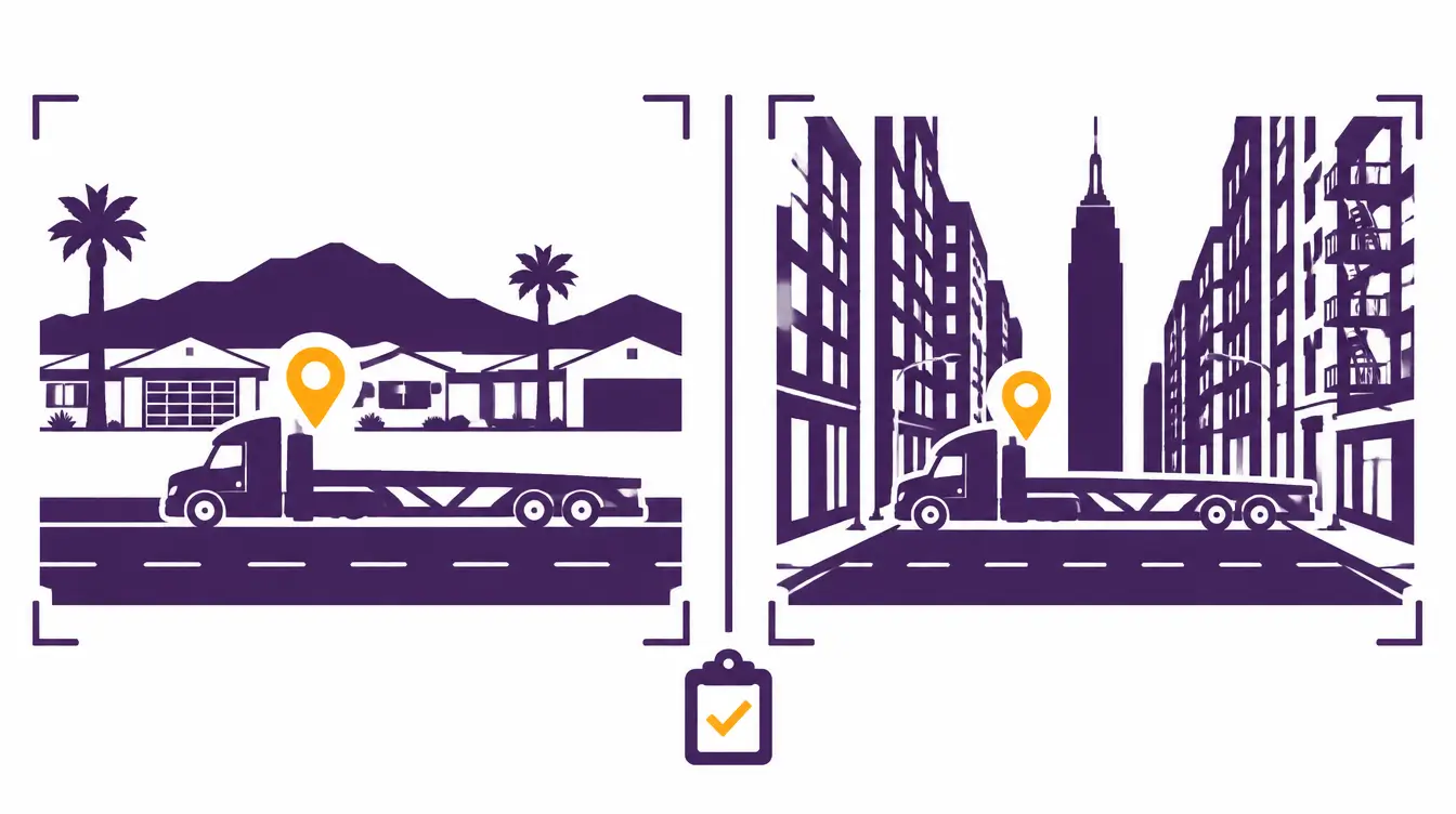 Car hauler at a pickup on a wide desert street in Nevada and at a delivery on a narrow Manhattan street, with an inspection clipboard between them