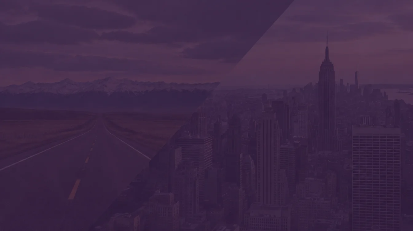 Montana prairie and the Rocky Mountain front on the left and the Manhattan skyline on the right, joined by a diagonal seam under a dark purple overlay