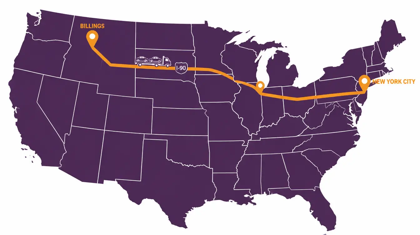 Route map from Billings, Montana to New York City along I-90 through Wyoming, South Dakota, Minnesota and Wisconsin, then east past Chicago