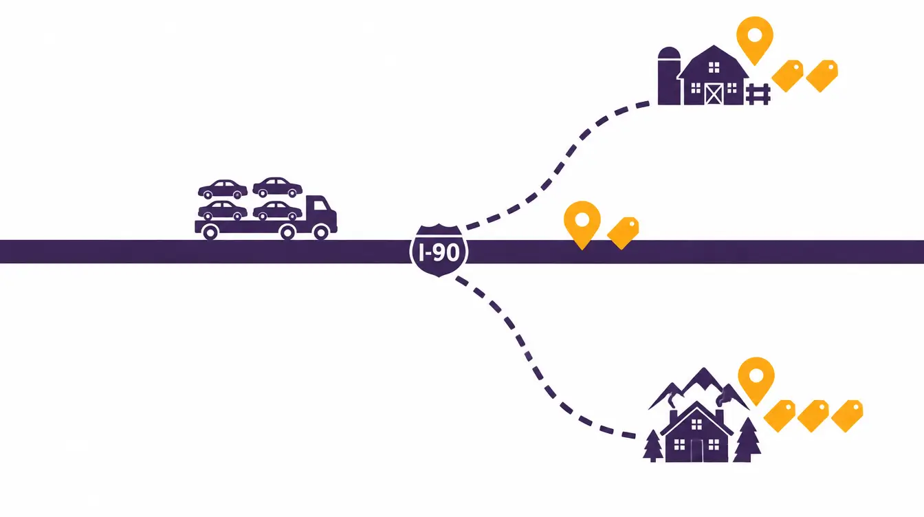 Illustration of I-90 with one price tag at a pickup on the interstate and two and three price tags on detours to pickups off the corridor