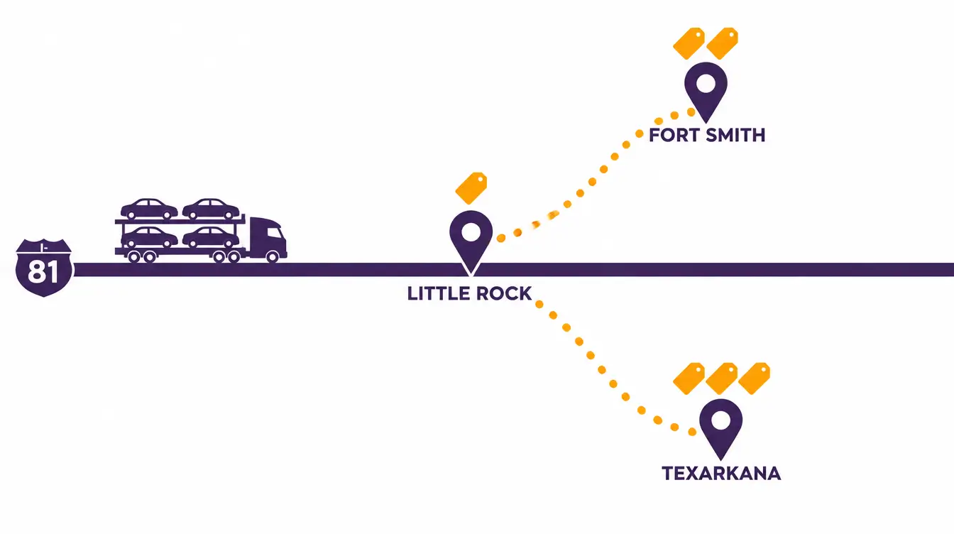 Diagram of the I-81 route with Little Rock on the highway marked by one price tag, and dotted detours to Fort Smith with two tags and Texarkana with three