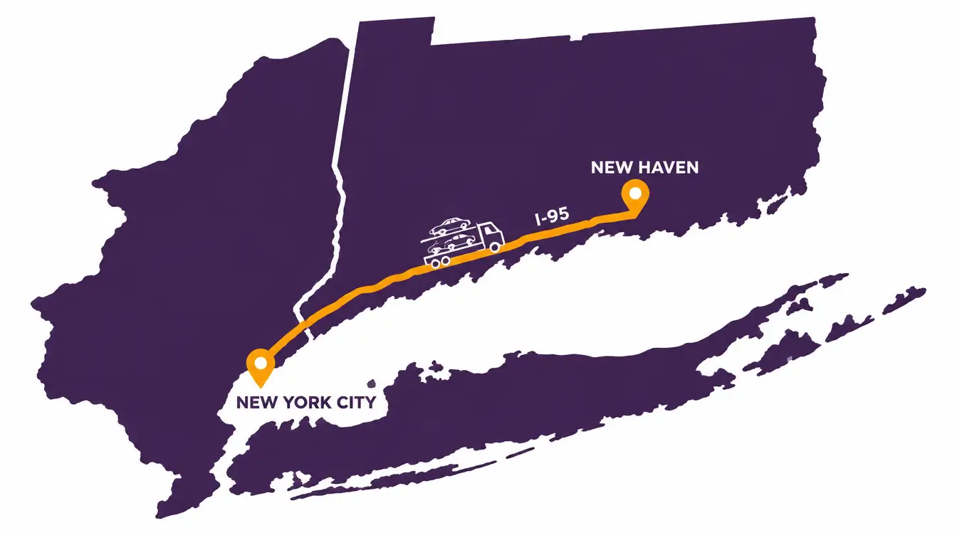 Map of Connecticut and southeastern New York with an orange I-95 route line from New Haven to New York City and a car hauler icon