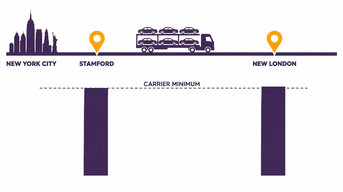 Road from New York City past Stamford to New London with a car hauler and two near equal price bars at the carrier minimum line
