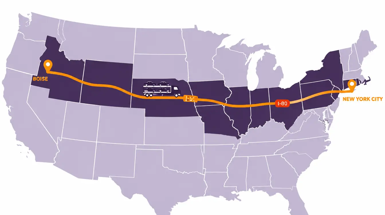 Map of the car shipping route from New York City west on I-80 across Pennsylvania, Ohio, Indiana, Illinois, Iowa, Nebraska, Wyoming and Utah to Boise, Idaho, with a car hauler on the line