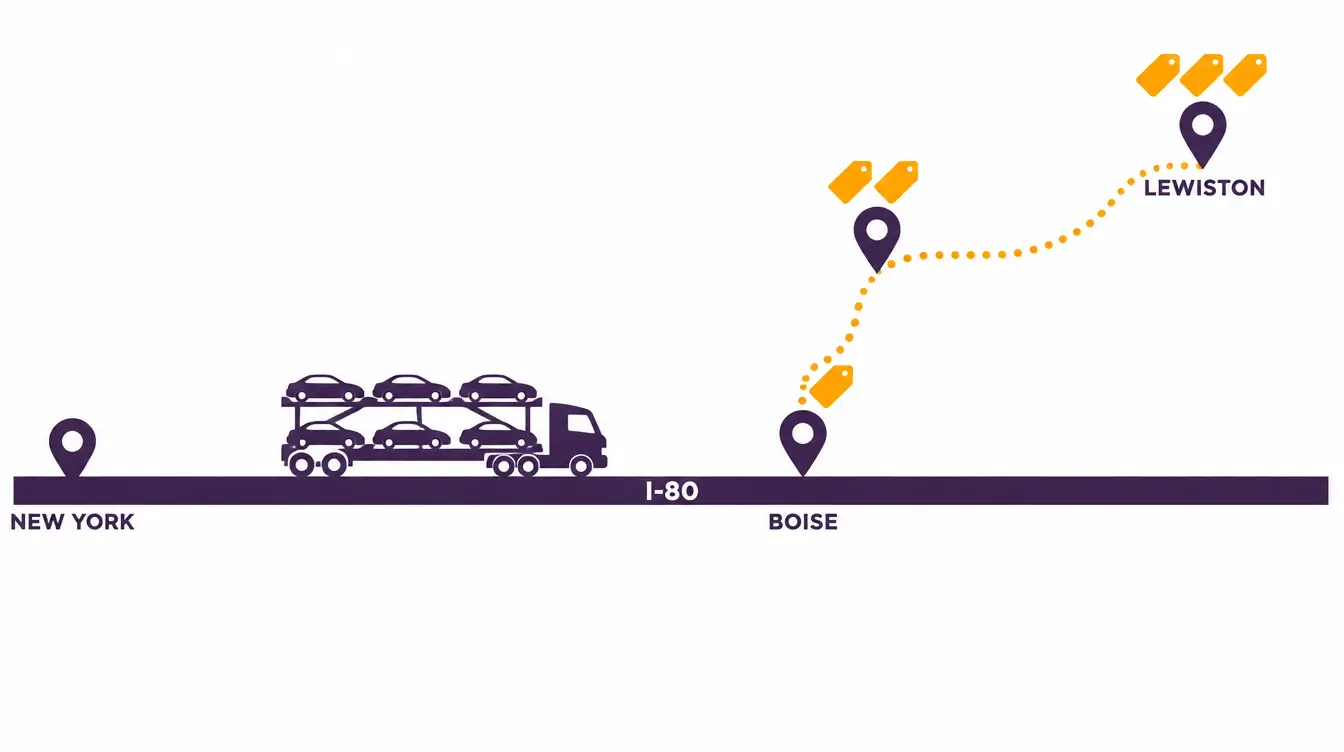 I-80 highway with a car hauler, Boise on the road with one price tag, and dotted detours to a second town with two tags and Lewiston with three
