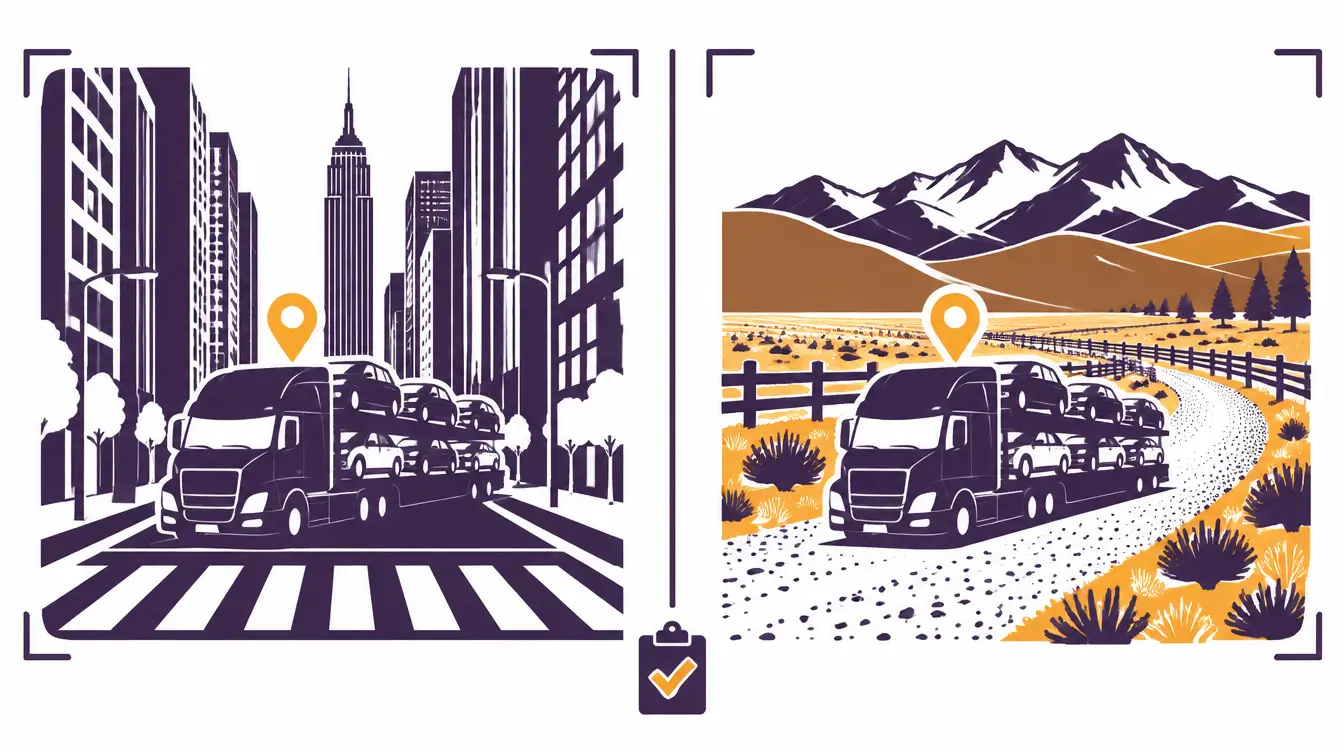 Car hauler at pickup on a narrow Manhattan street between skyscrapers and at delivery on a gravel ranch road in Idaho with sagebrush hills, with an inspection clipboard between them