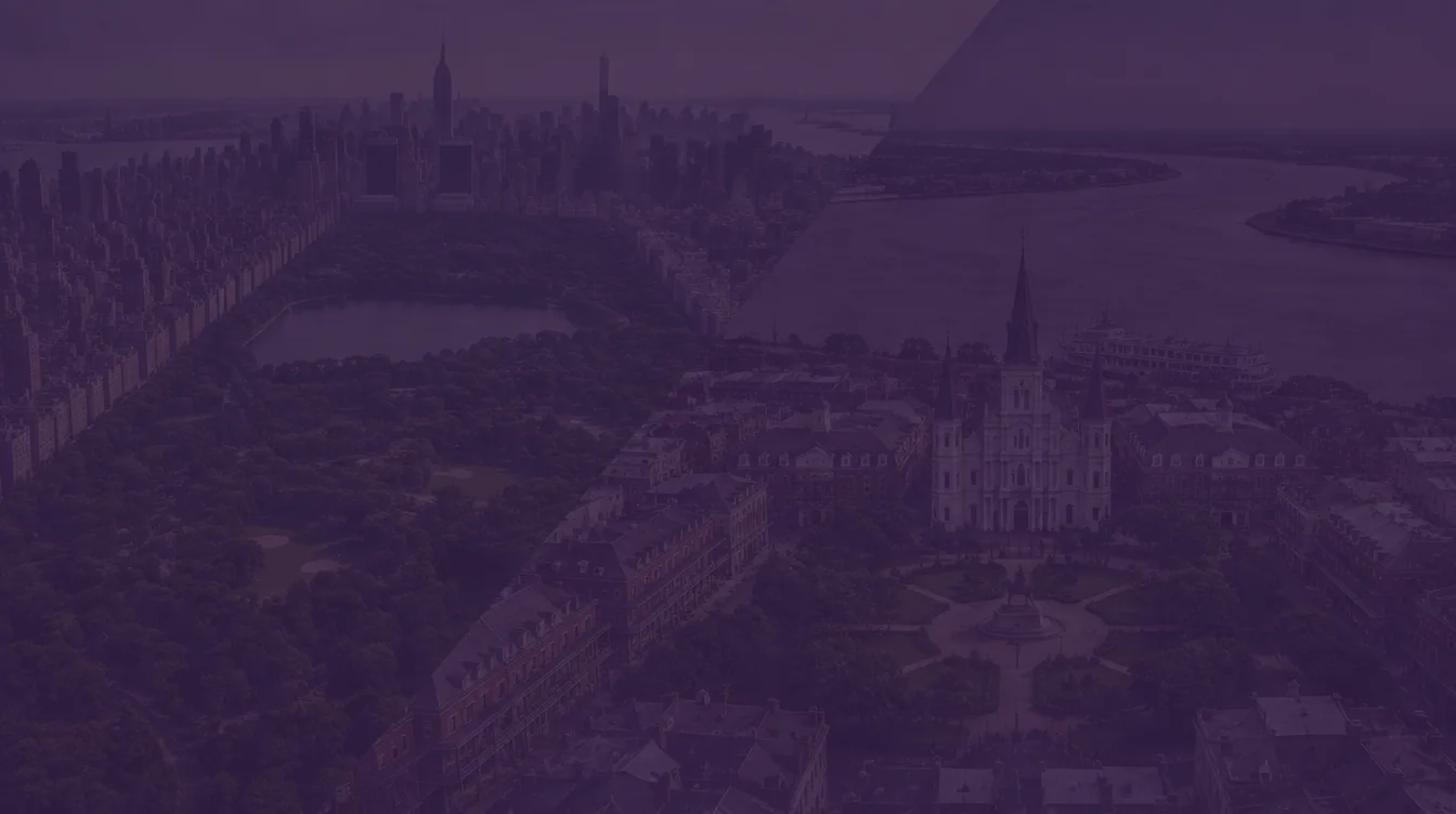 Aerial view of Central Park in New York City joined by a diagonal seam to the French Quarter and St. Louis Cathedral in New Orleans under a dark purple overlay