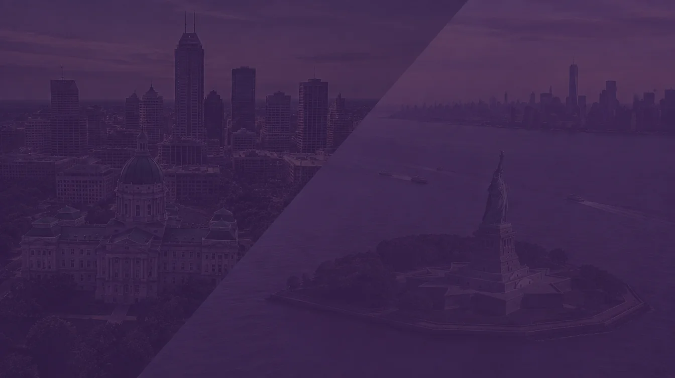 Aerial view of downtown Indianapolis with the Indiana Statehouse dome beside the Statue of Liberty in New York Harbor and the lower Manhattan skyline, under a dark purple overlay