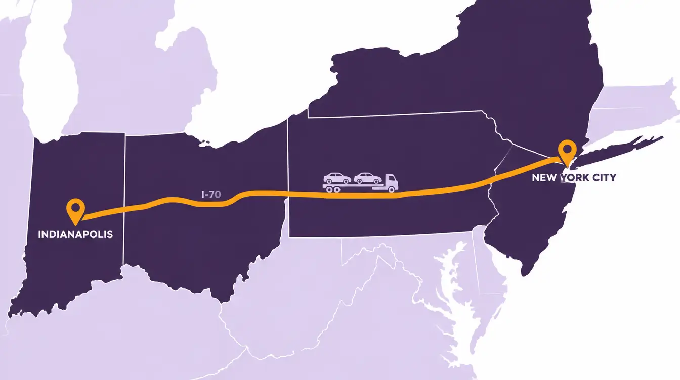 Map of the car shipping route from Indianapolis to New York City on I-70 across Ohio, Pennsylvania and New Jersey, with a car hauler truck on the line