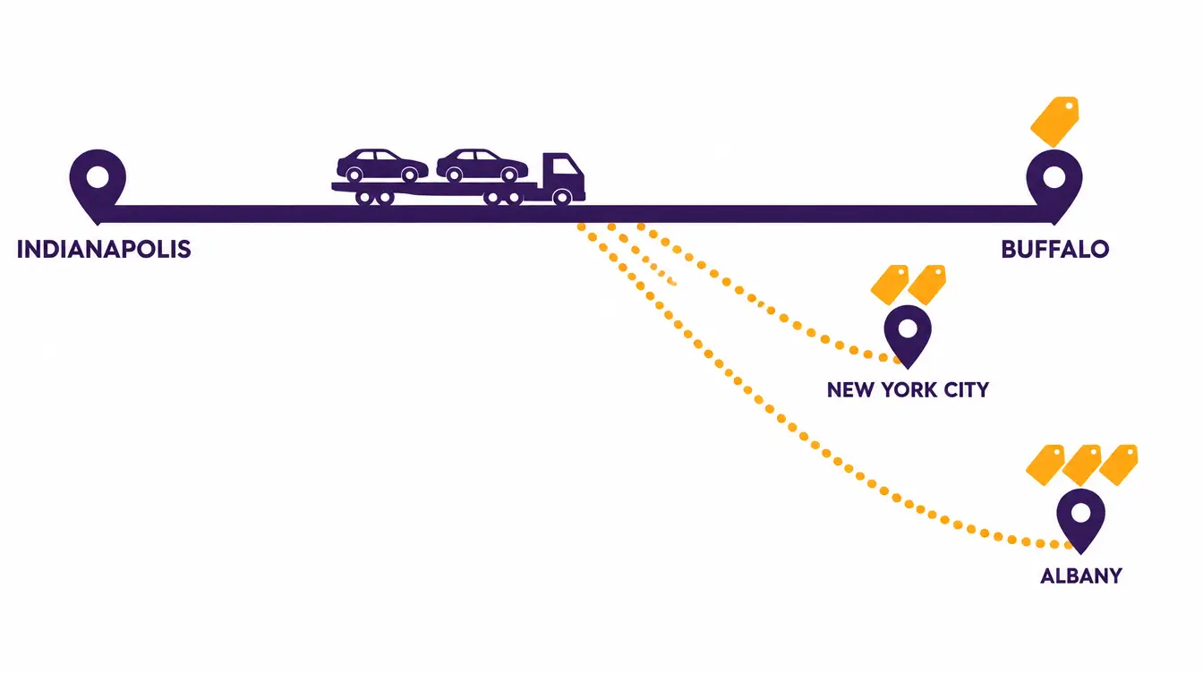 Diagram of a highway from Indianapolis with Buffalo on the road marked by one price tag and dotted detours to New York City with two tags and Albany with three