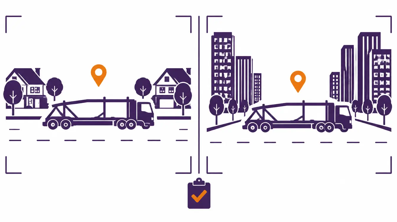 Empty car hauler truck at pickup on a suburban street with houses and at delivery on a city avenue between tall buildings, with an inspection clipboard between them